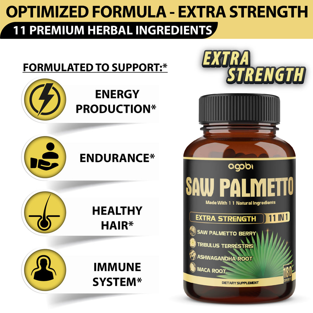 Agobi 11-in-1 Saw Palmetto Blend Supplement – Premium Berry Extract with Tribulus, Ashwagandha & Maca | Prostate Health, Urinary Flow & Antioxidant Support | 180 Vegan Capsules