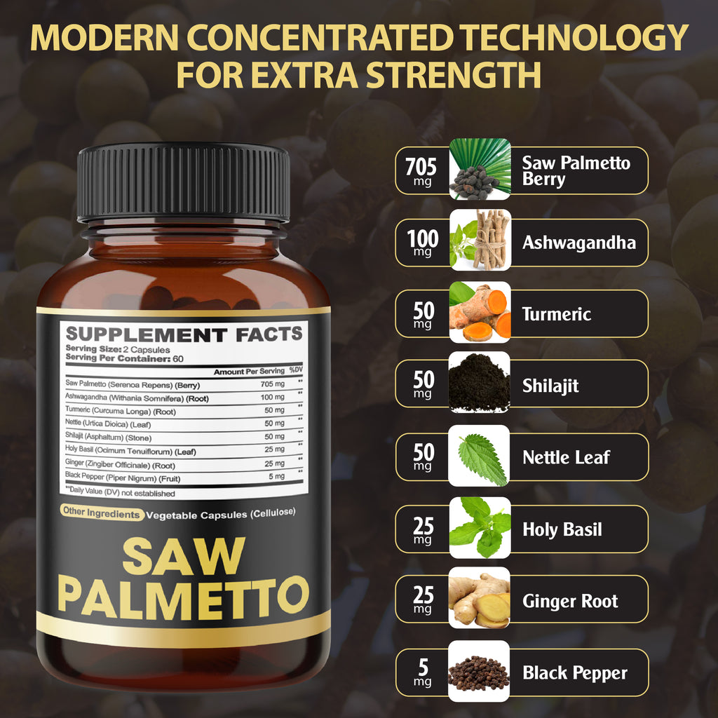 Agobi 8-in-1 Saw Palmetto Supplement – Extra Strength Formula with Ashwagandha, Turmeric & Nettle Leaf | Support Prostate, Energy Production & Healthy Hair | 120 Vegan Capsules