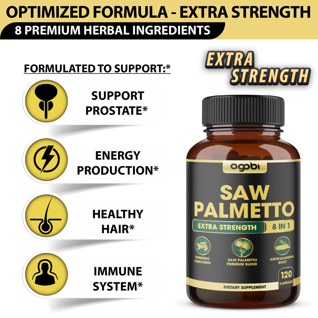Agobi 8-in-1 Saw Palmetto Supplement – Extra Strength Formula with Ashwagandha, Turmeric & Nettle Leaf | Support Prostate, Energy Production & Healthy Hair | 120 Vegan Capsules