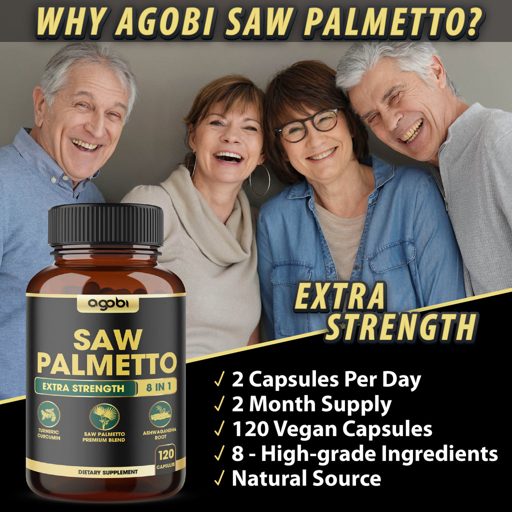 Agobi 8-in-1 Saw Palmetto Supplement – Extra Strength Formula with Ashwagandha, Turmeric & Nettle Leaf | Support Prostate, Energy Production & Healthy Hair | 120 Vegan Capsules