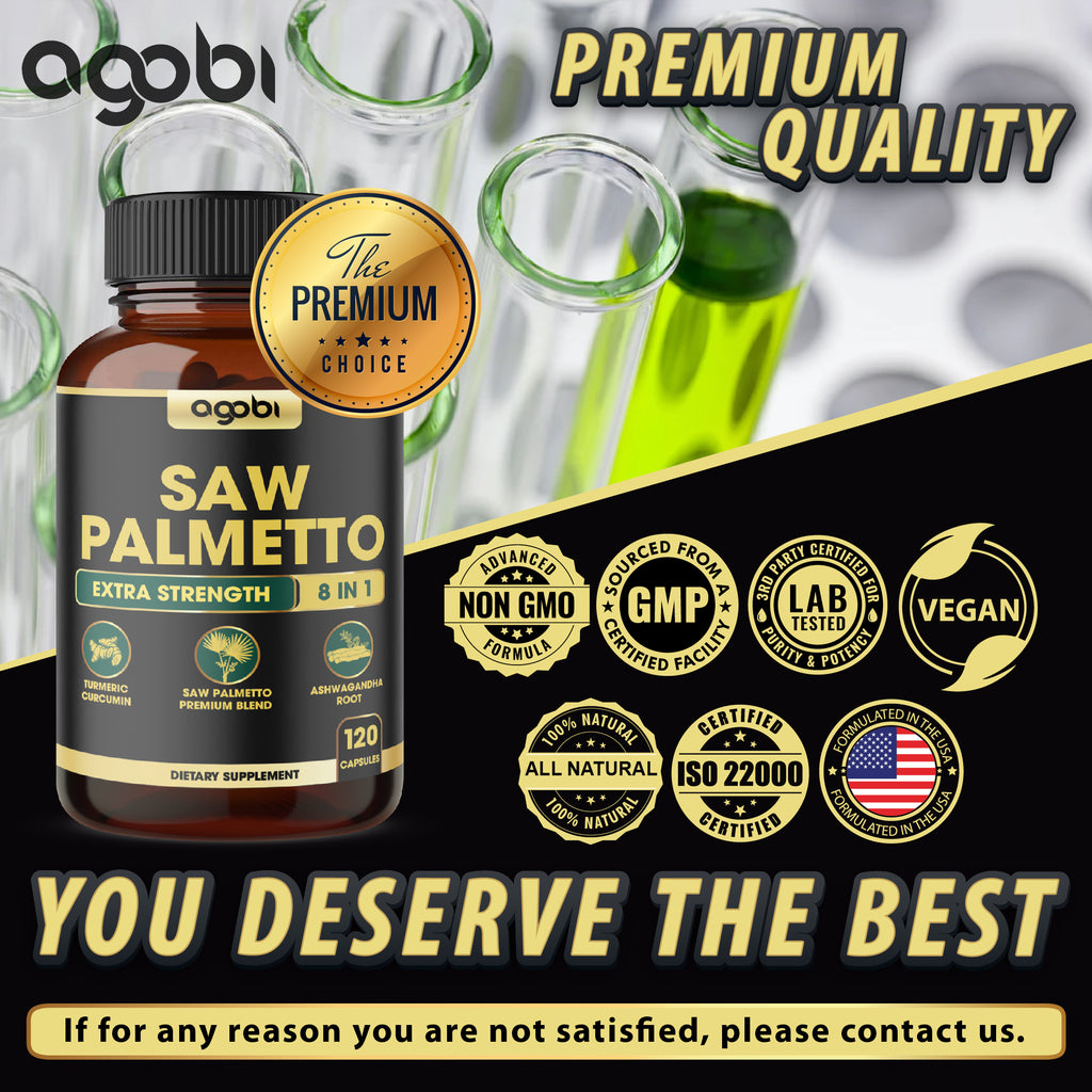Agobi 8-in-1 Saw Palmetto Supplement – Extra Strength Formula with Ashwagandha, Turmeric & Nettle Leaf | Support Prostate, Energy Production & Healthy Hair | 120 Vegan Capsules