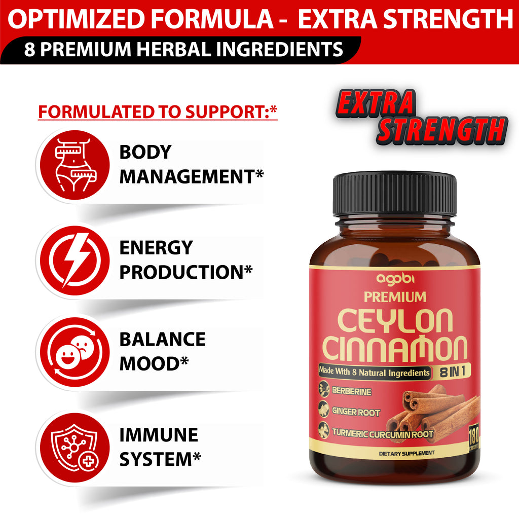 Agobi Premium Ceylon Cinnamon 8-in-1 Supplement – High Potency Cinnamon Bark with Berberine, Turmeric & Bitter Melon | 180 Vegan Capsules