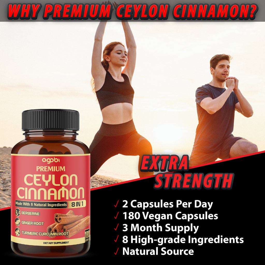 Agobi Premium Ceylon Cinnamon 8-in-1 Supplement – High Potency Cinnamon Bark with Berberine, Turmeric & Bitter Melon | 180 Vegan Capsules