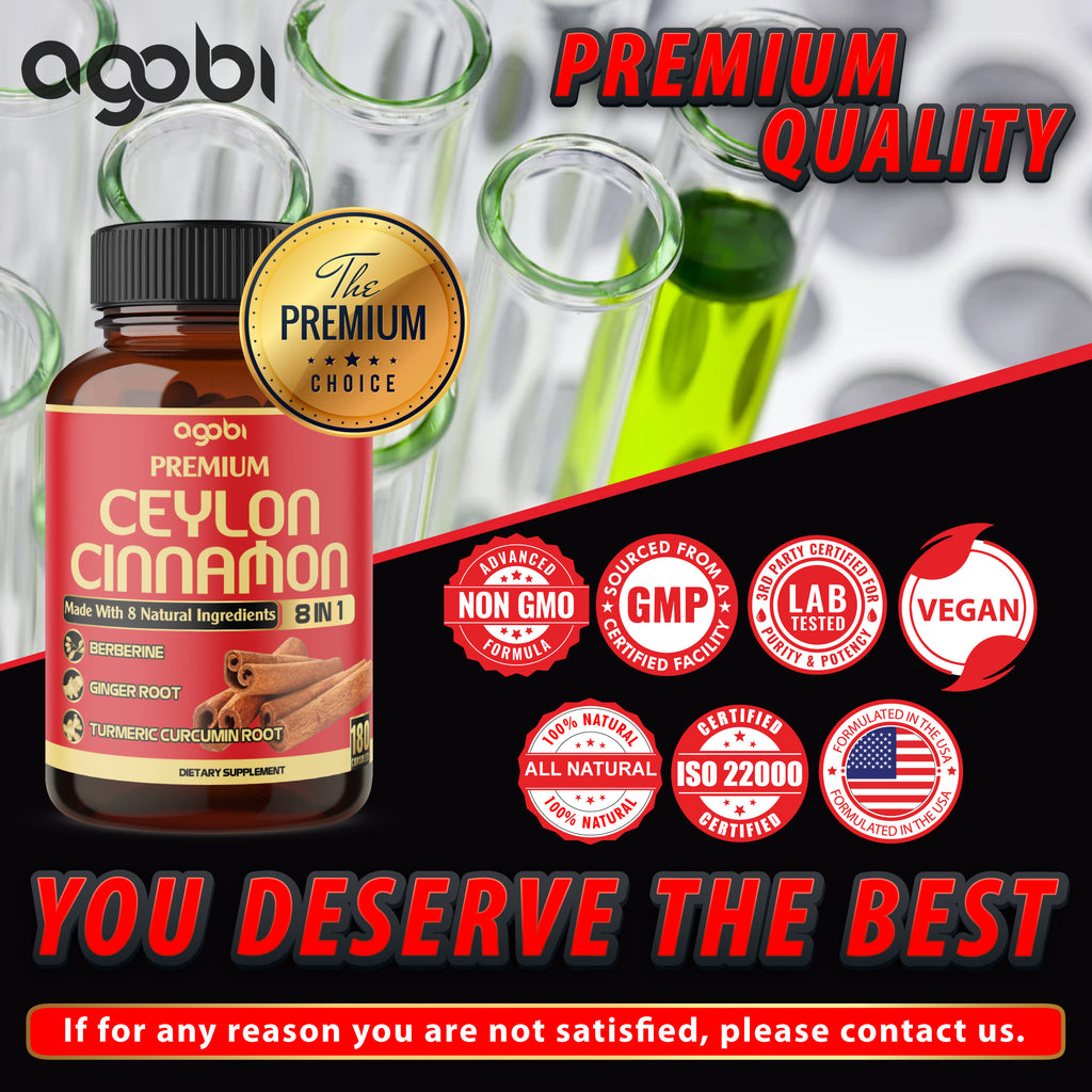 Agobi Premium Ceylon Cinnamon 8-in-1 Supplement – High Potency Cinnamon Bark with Berberine, Turmeric & Bitter Melon | 180 Vegan Capsules