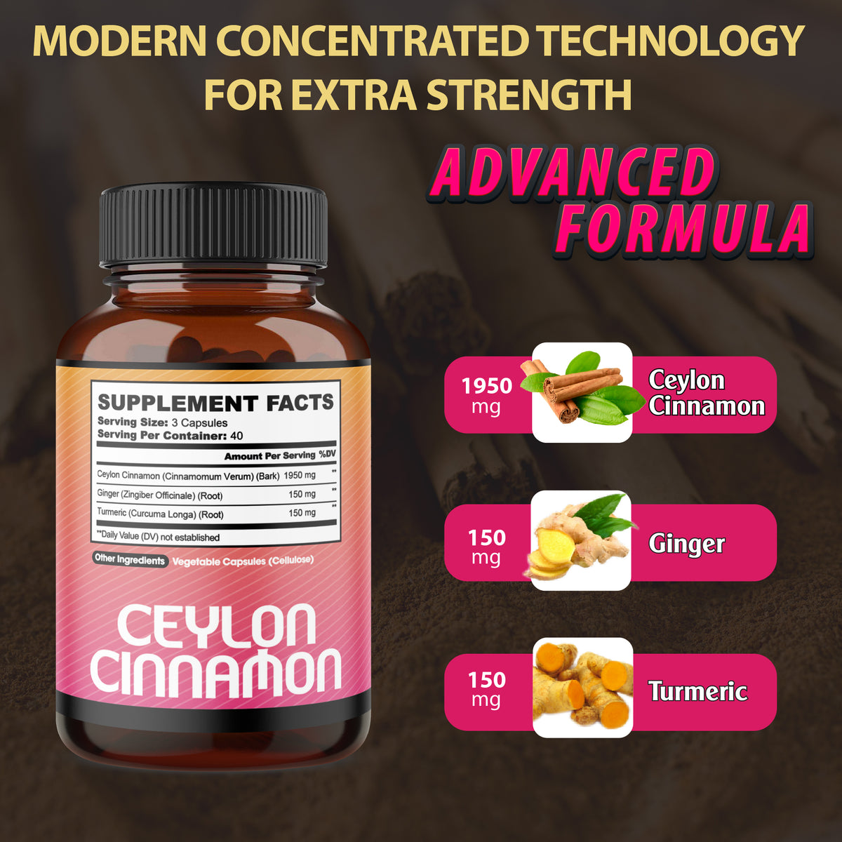 Ceylon Cinnamon 3-in-1 Capsules – Ginger and Turmeric | Daily Balance & Wellness Support | 120 Veggie Capsules