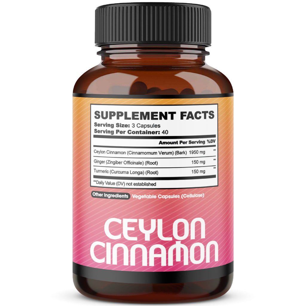 Ceylon Cinnamon Capsules - Combined with Ginger Root and Turmeric Curcumin Supplement - 120 Vegan Capsules