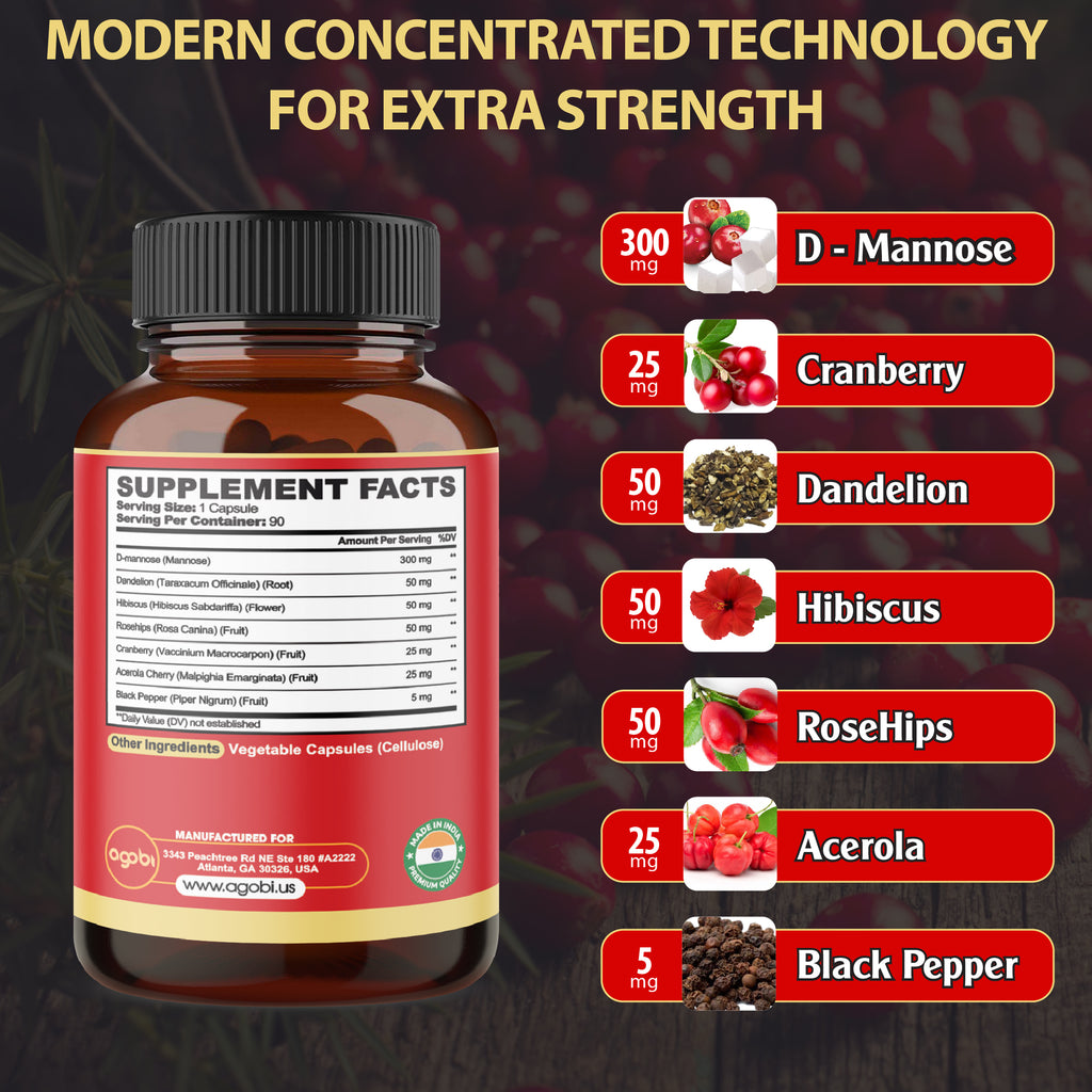 Agobi 7-in-1 D-Mannose Complex – With Cranberry, Dandelion & Hibiscus | 90 Vegan Capsules