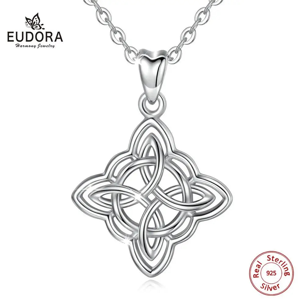 Eudora Sterling Silver Good Luck Irish Celtic Knot Pendant Necklace with Gift Box Fashion Women Jewelry Silver Knot Charm CYD200