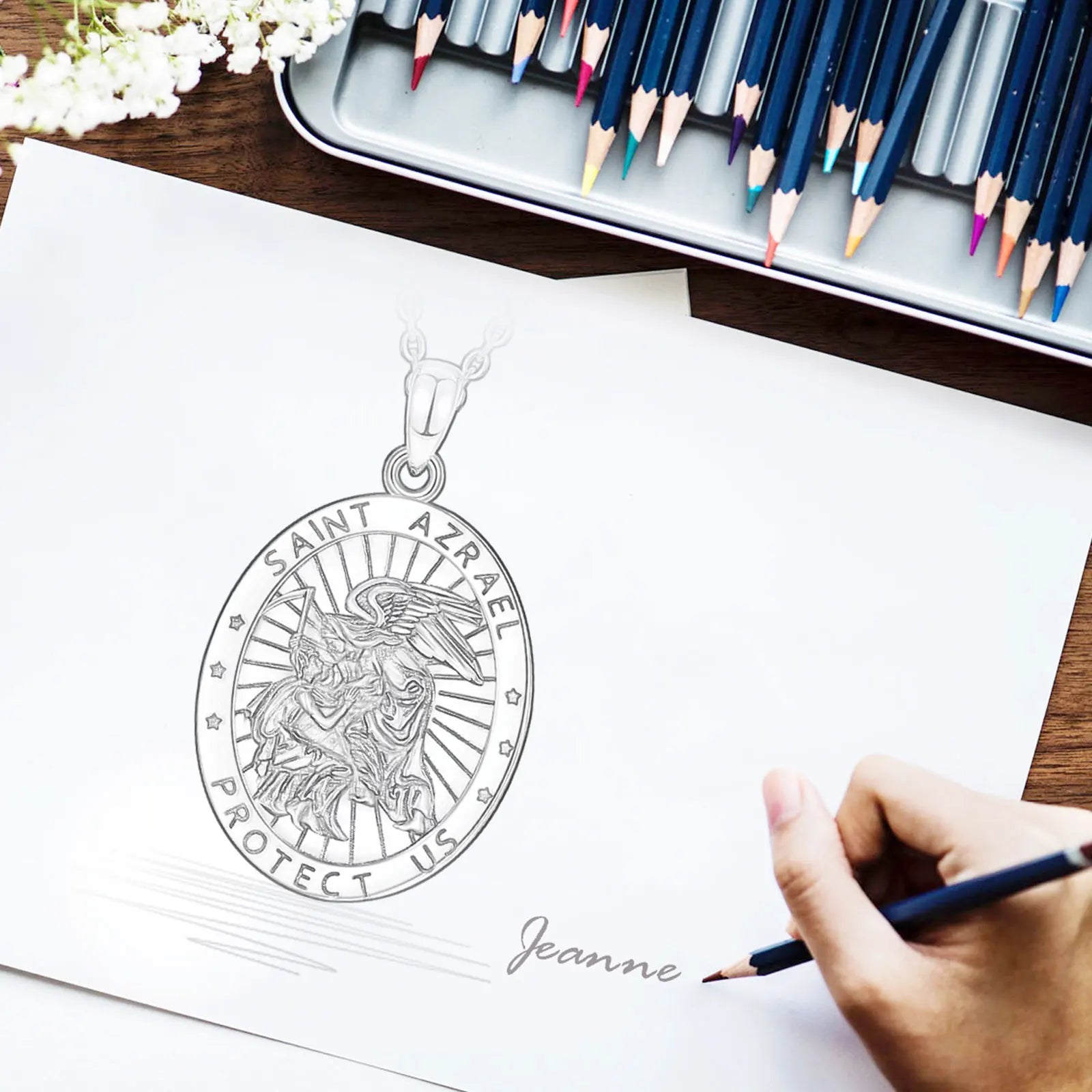 Eudora 925 Sterling Silver Saint Azrael Necklace Vintage Embossed Religious Pendant Personality Jewelry Gift for Men Women