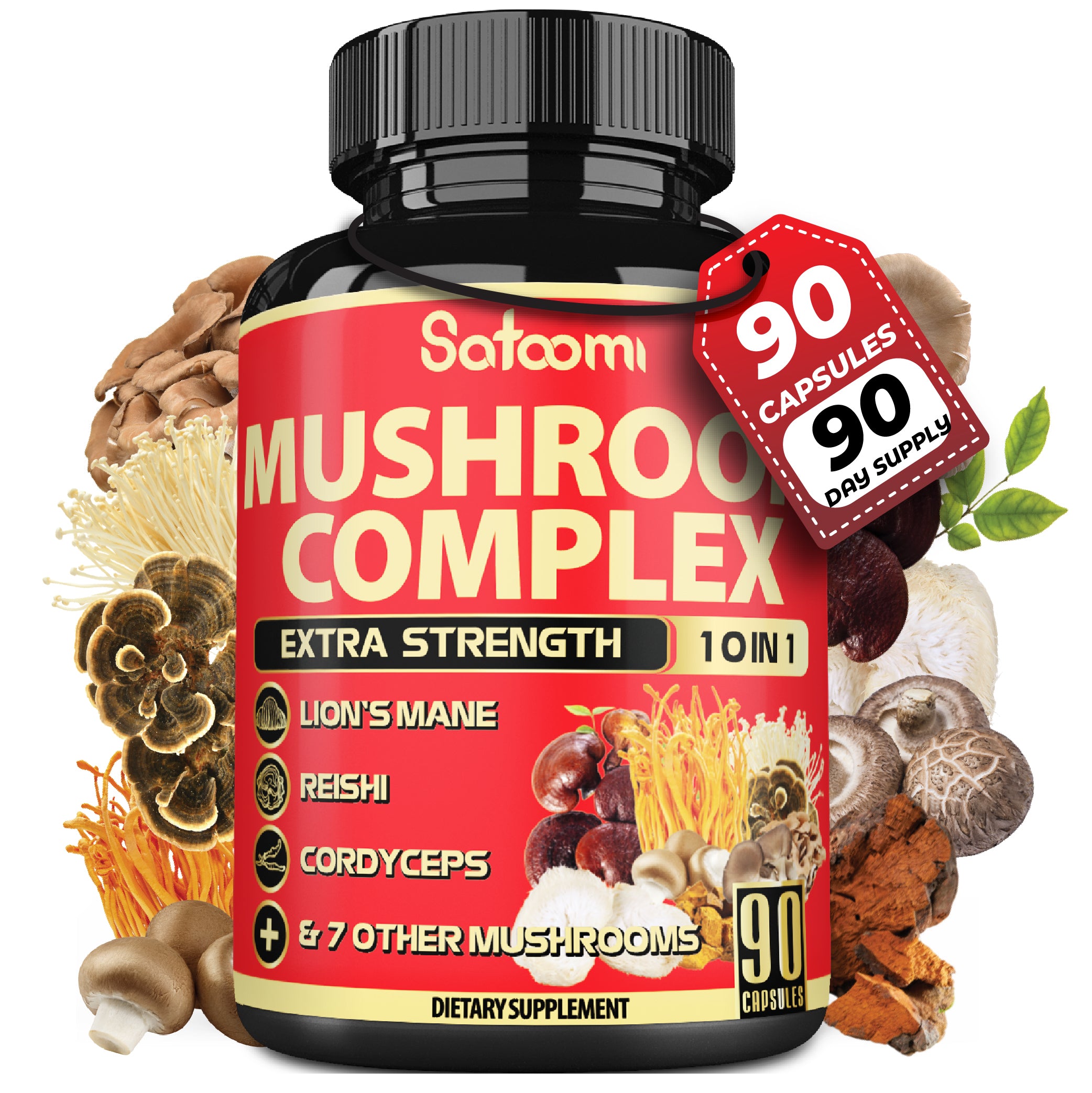 Satoomi 10in1 Mushroom Supplement Complex - Lions Mane, Cordyceps, Reishi, Chaga - Brain Supplements for Memory and Focus - 3 Month Supply