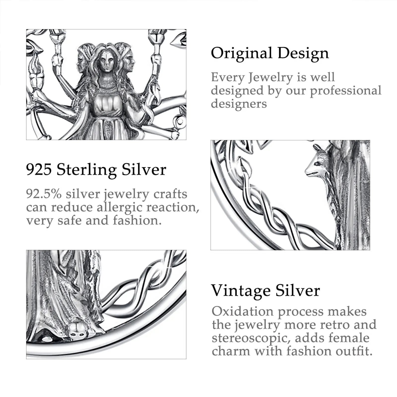 Eudora 925 Sterling Silver Triple Moon Goddess Necklace Hecate Amulet Pendant Triple Goddess Jewelry Personality Gift for Women