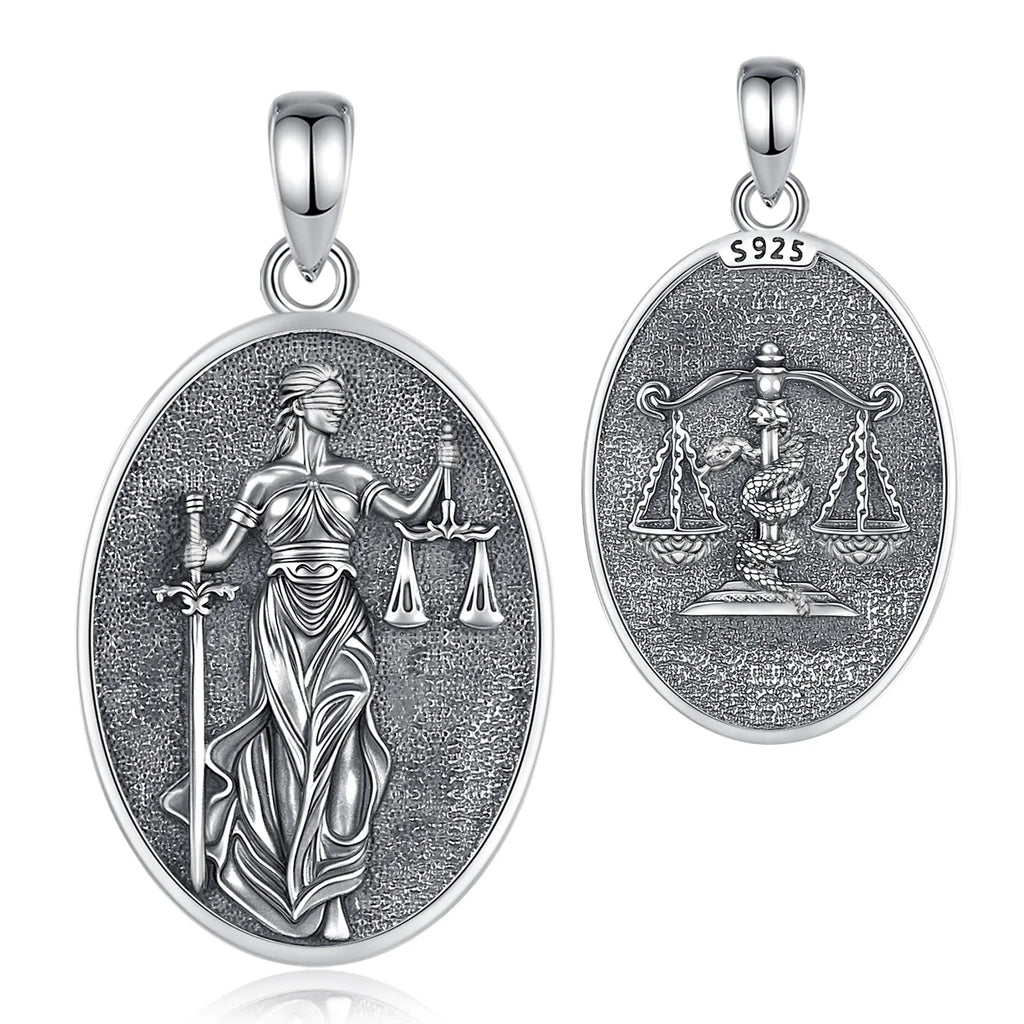 Eudora 925 Sterling Silver Themis Goddess of Justice Pendant Sword Balance Scales Necklace Wicca Pagan Jewelry for Women Men