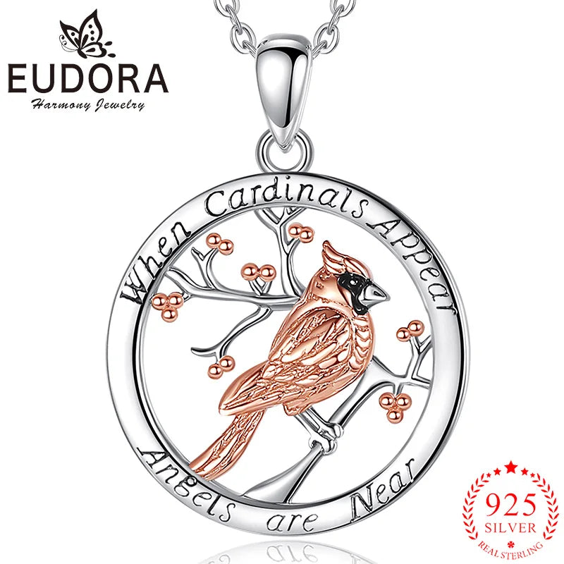 Eudora 925 Sterling Silver Cardinal Bird Necklace Rose Gold Color Animal Totem Christian Pendant Men Women Fine Jewelry Gift