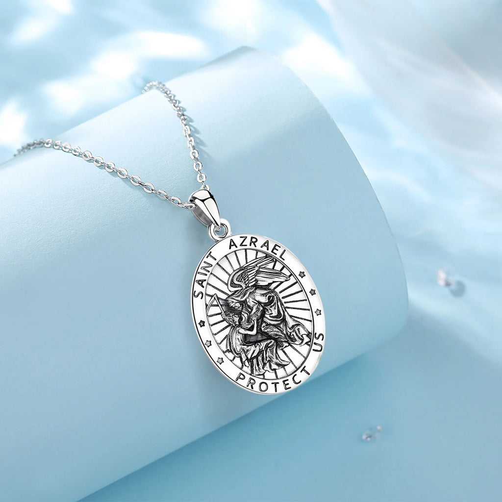 Eudora 925 Sterling Silver Saint Azrael Necklace Vintage Embossed Religious Pendant Personality Jewelry Gift for Men Women