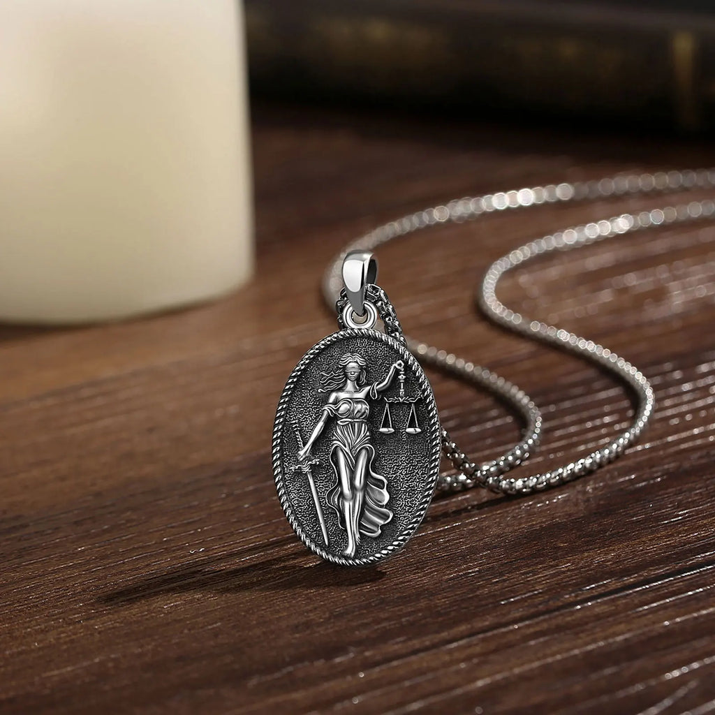 Eudora 925 Sterling Silver Themis Goddess of Justice Necklace Sword Balance Scales Pendant  Wicca Pagan Jewelry Gift for Unisex