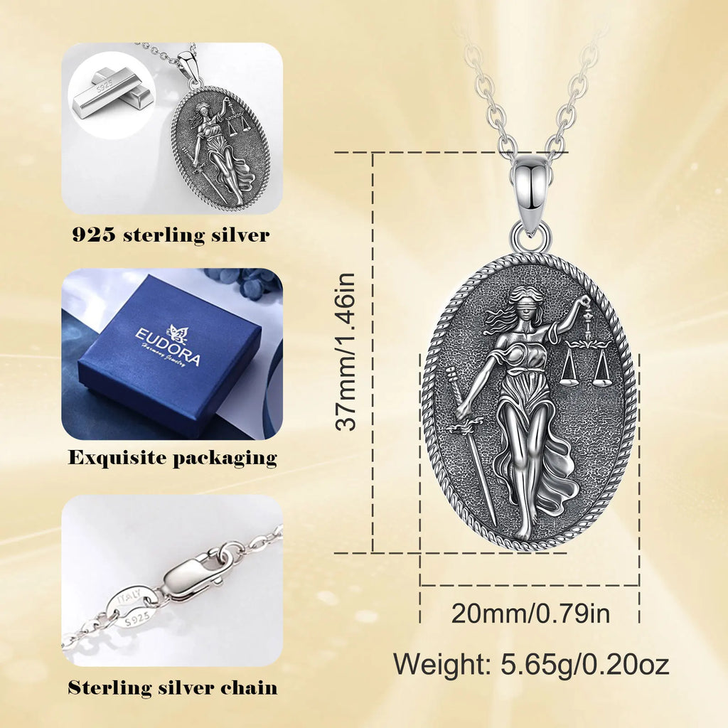 Eudora 925 Sterling Silver Themis Goddess of Justice Necklace Sword Balance Scales Pendant  Wicca Pagan Jewelry Gift for Unisex