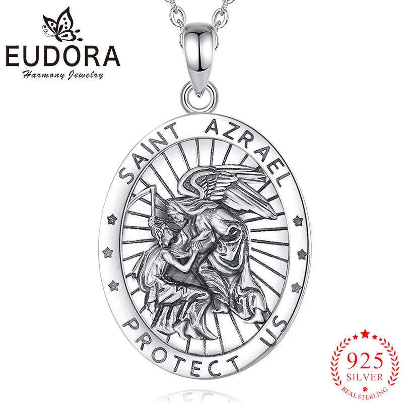 Eudora 925 Sterling Silver Saint Azrael Necklace Vintage Embossed Religious Pendant Personality Jewelry Gift for Men Women