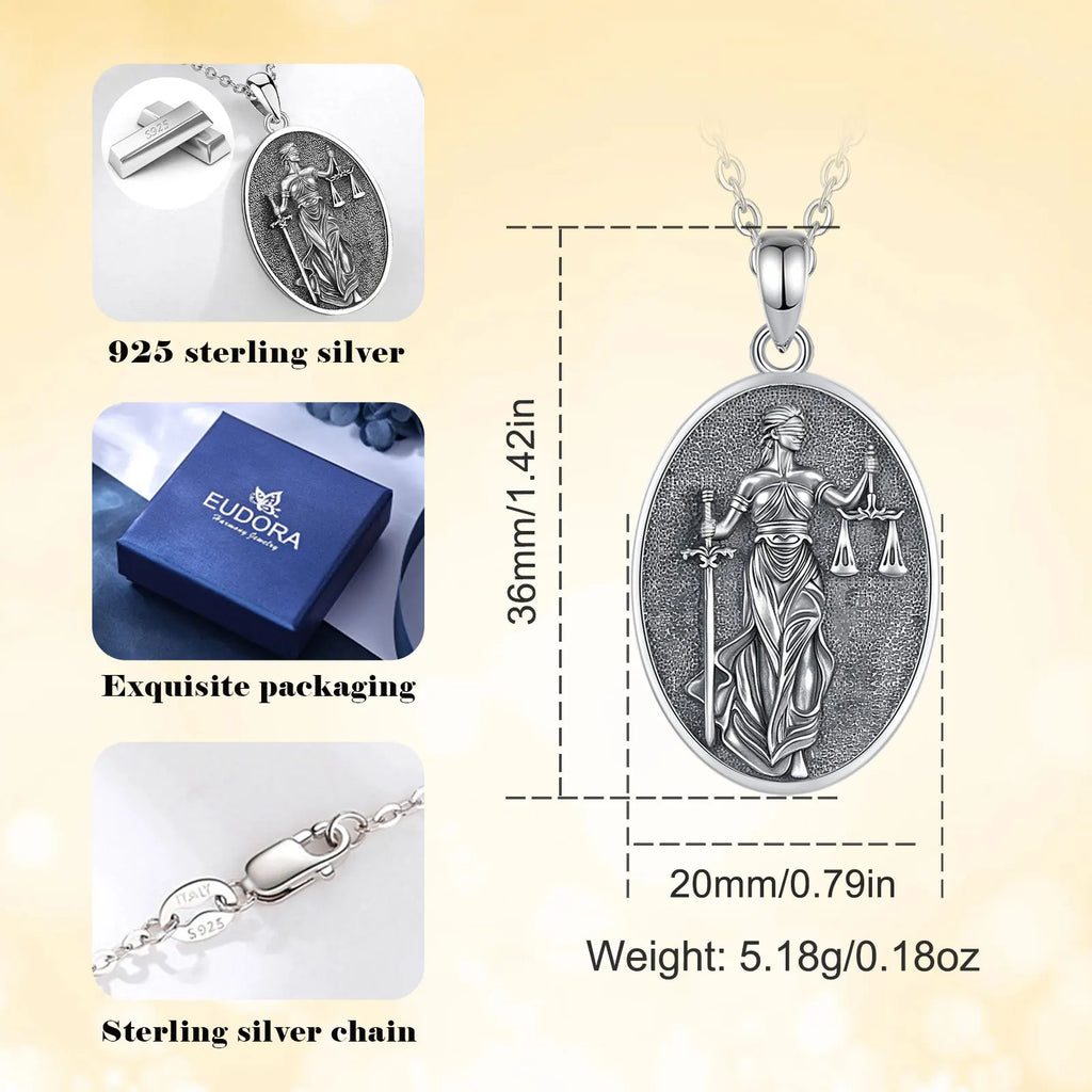 Eudora 925 Sterling Silver Themis Goddess of Justice Pendant Sword Balance Scales Necklace Wicca Pagan Jewelry for Women Men