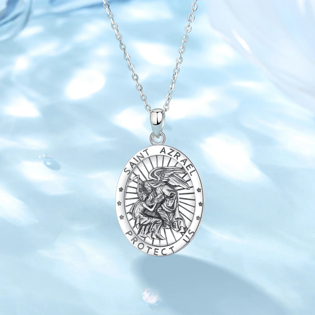 Eudora 925 Sterling Silver Saint Azrael Necklace Vintage Embossed Religious Pendant Personality Jewelry Gift for Men Women