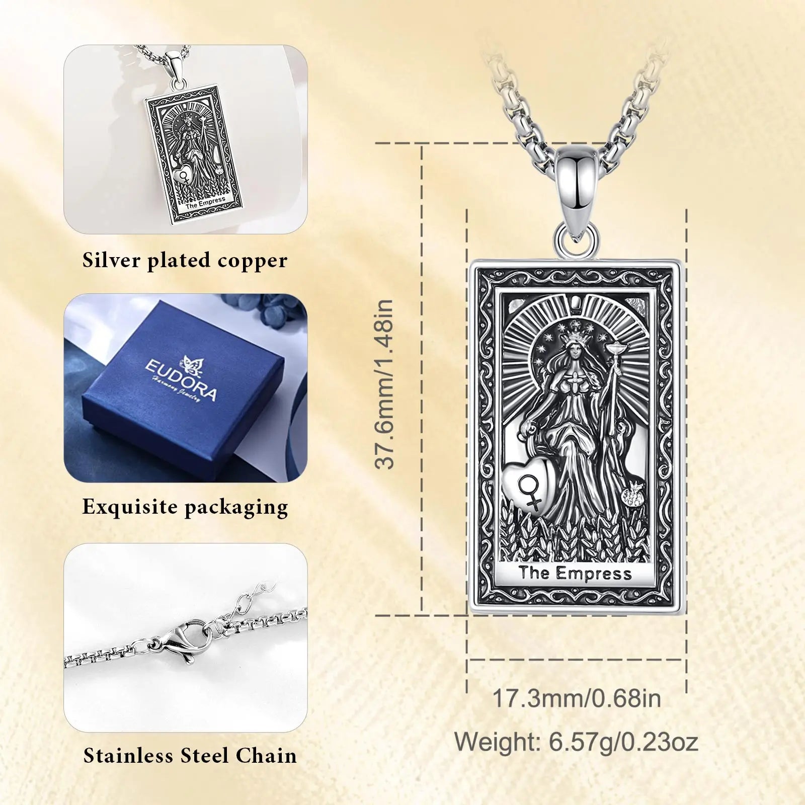 Eudora Copper Tarot Cards Necklace THE Empress Amulet Vintage Major Arcana Divination Pendant Spiritual Jewelry Gift for Unisex