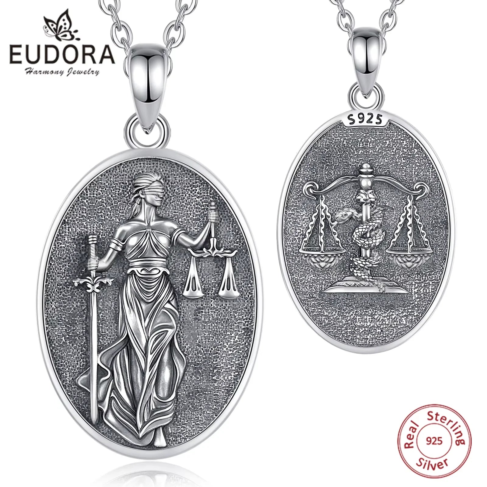 Eudora 925 Sterling Silver Themis Goddess of Justice Pendant Sword Balance Scales Necklace Wicca Pagan Jewelry for Women Men