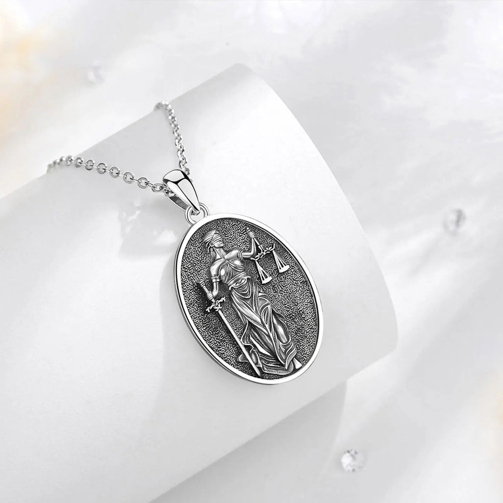 Eudora 925 Sterling Silver Themis Goddess of Justice Pendant Sword Balance Scales Necklace Wicca Pagan Jewelry for Women Men