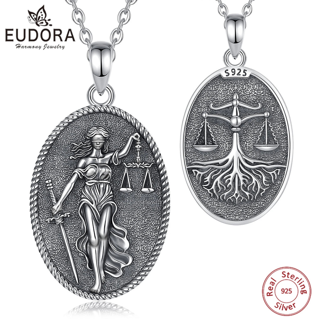 Eudora 925 Sterling Silver Themis Goddess of Justice Necklace Sword Balance Scales Pendant  Wicca Pagan Jewelry Gift for Unisex
