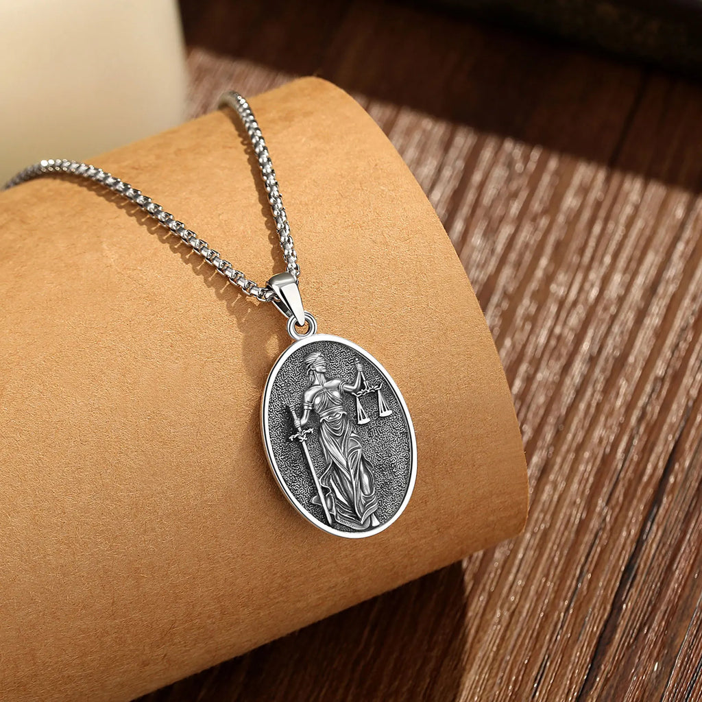 Eudora 925 Sterling Silver Themis Goddess of Justice Pendant Sword Balance Scales Necklace Wicca Pagan Jewelry for Women Men