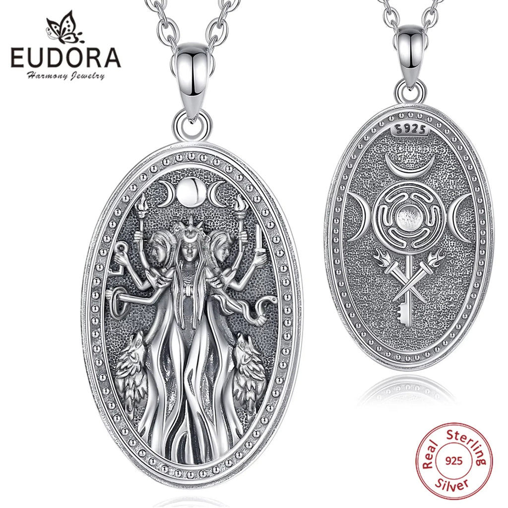 Eudora 925 Sterling Silver Triple Moon Goddess Necklace Hecate Dog Amulet Pendant Triple Goddess Jewelry for Women Man Gift