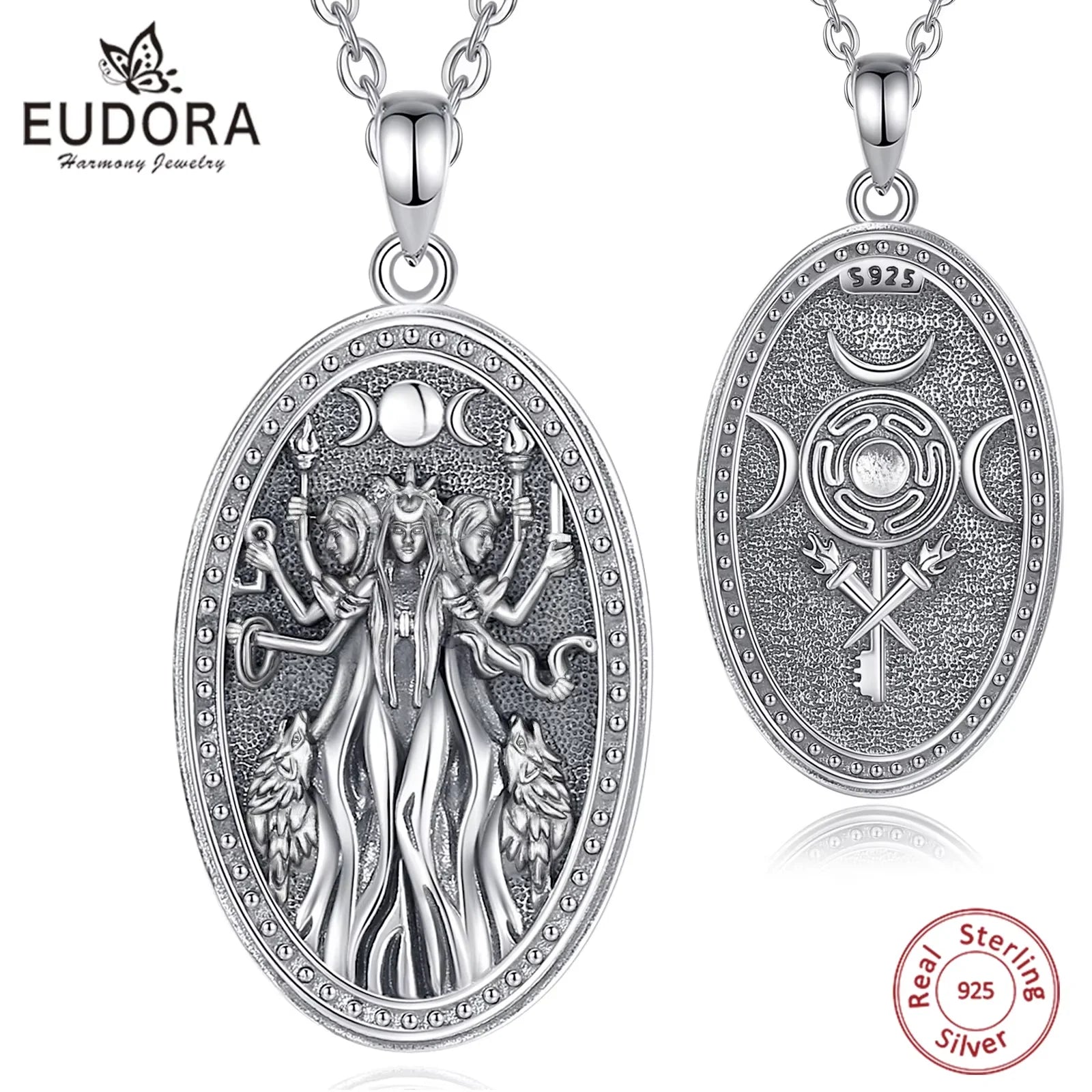 Eudora 925 Sterling Silver Triple Moon Goddess Necklace Hecate Dog Amulet Pendant Triple Goddess Jewelry for Women Man Gift