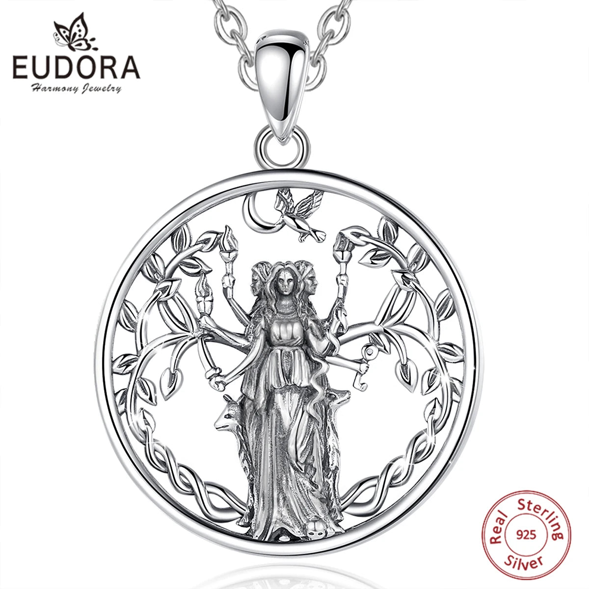 Eudora 925 Sterling Silver Triple Moon Goddess Necklace Hecate Amulet Pendant Triple Goddess Jewelry Personality Gift for Women