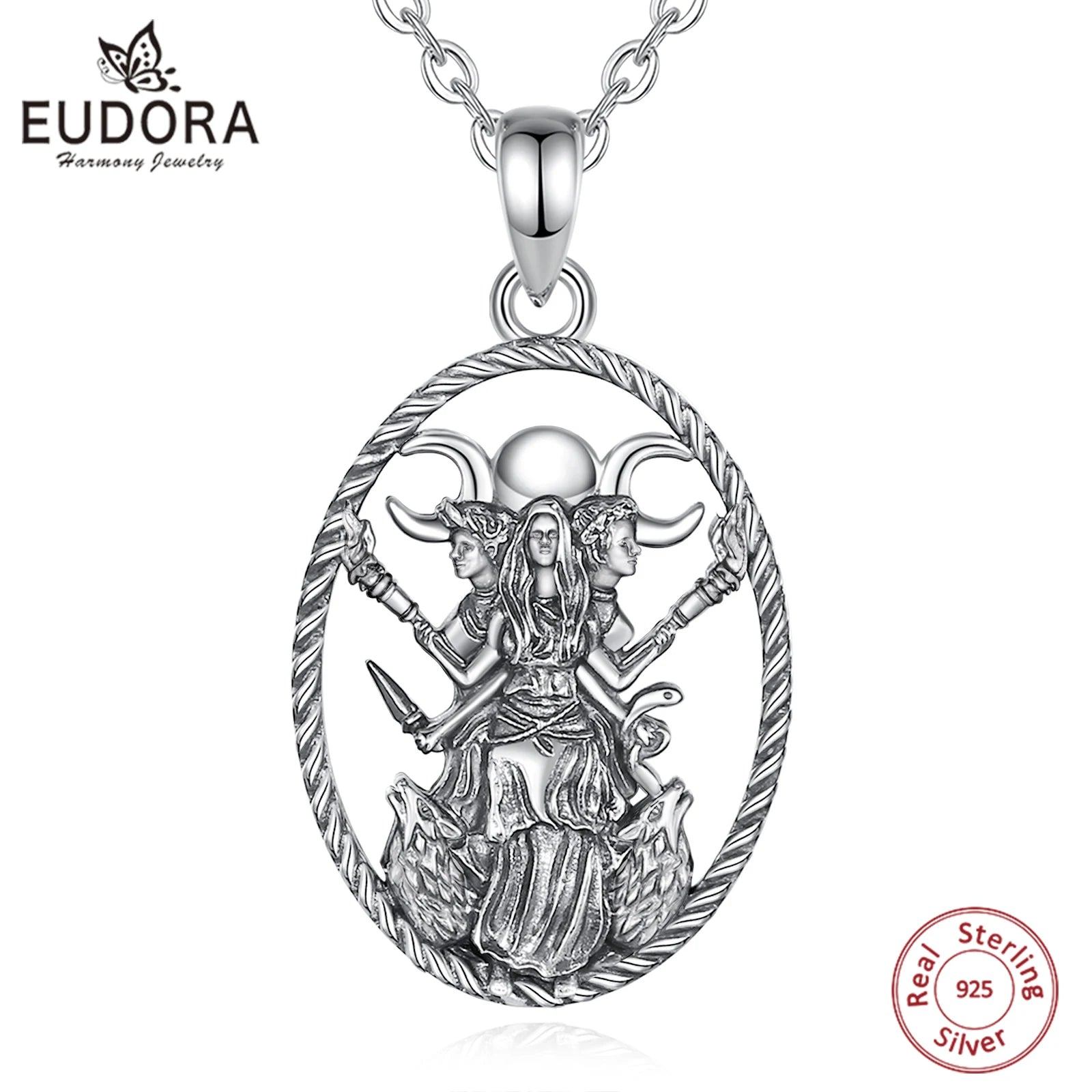 Eudora 925 Sterling Silver Triple Moon Goddess Necklace Dog Hecate Amulet Pendant vintage Triple Goddess Jewelry Personality Gif