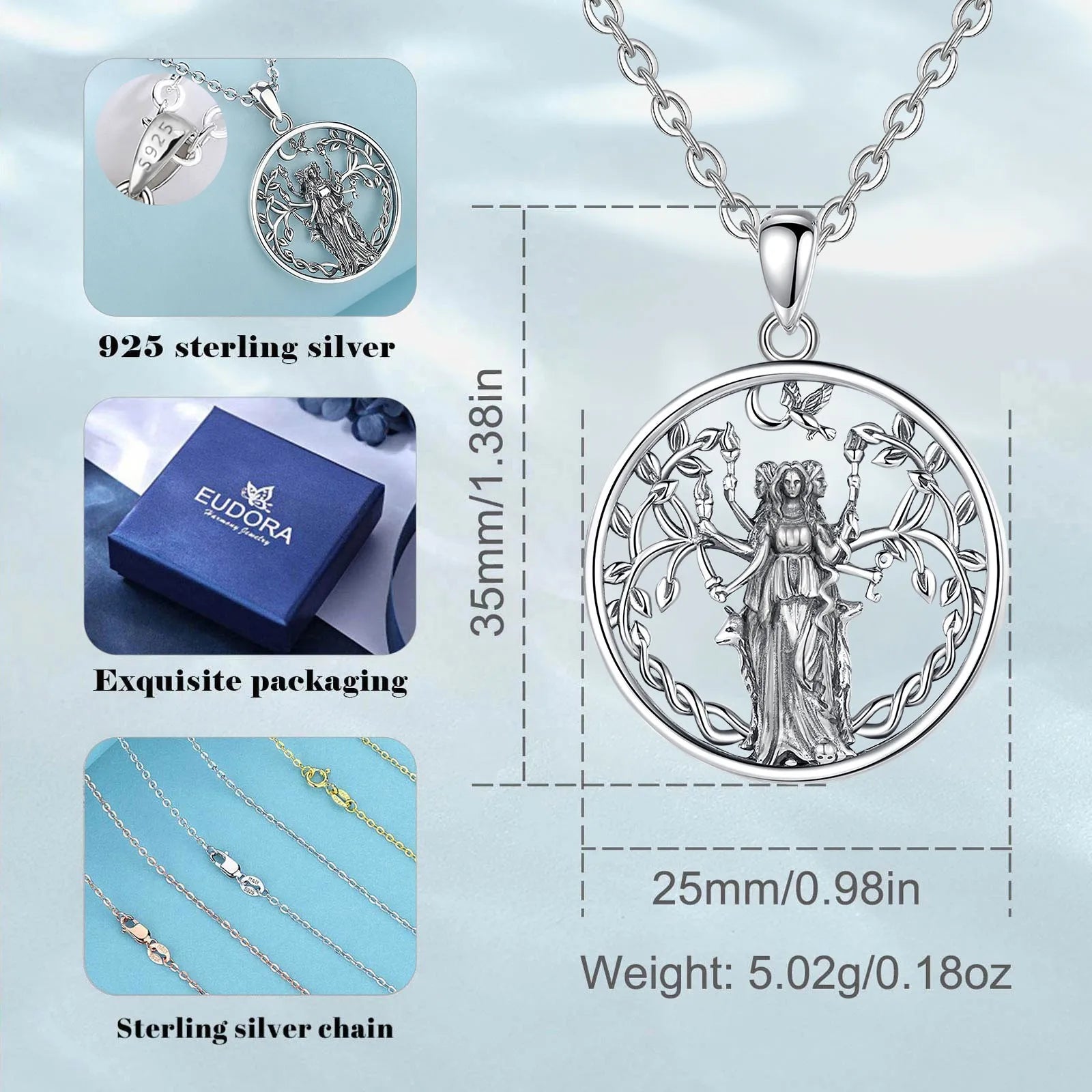 Eudora 925 Sterling Silver Triple Moon Goddess Necklace Hecate Amulet Pendant Triple Goddess Jewelry Personality Gift for Women