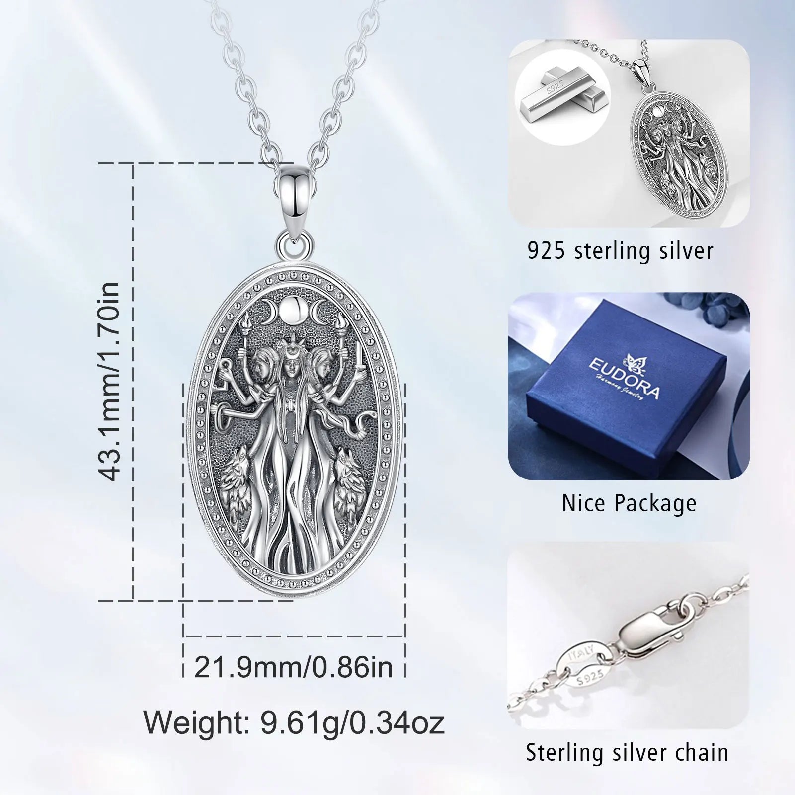 Eudora 925 Sterling Silver Triple Moon Goddess Necklace Hecate Dog Amulet Pendant Triple Goddess Jewelry for Women Man Gift